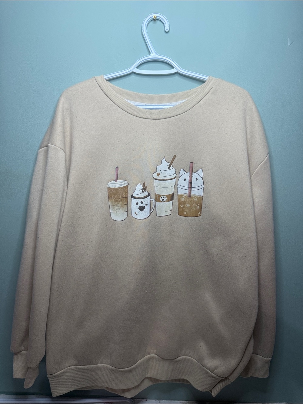 SHEIN Cream Crewneck Sweatshirt with Coffee Graphic